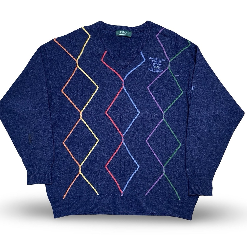 Vintage Pure Wool Sweater Wolsey Mens Large Blue Multicolor Secret Harbour Golf